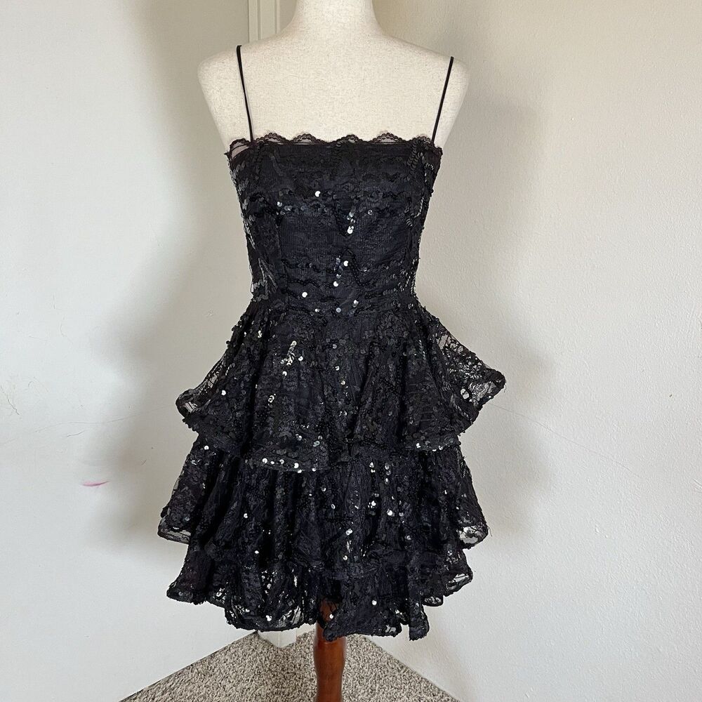 Vintage 80s After Five Inc Black Strapless Ruffle Cocktail Dress Sequins Size 8